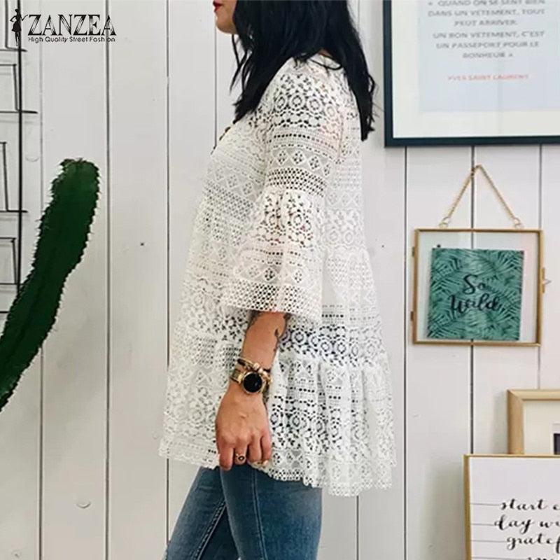 Lace Crochet Blouse Flare Sleeve Hollow Out Shirts