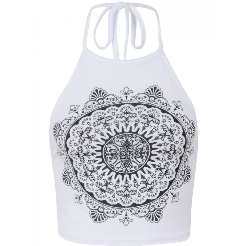 Fashion Backless Sexy Cropped Tops Mandala Printed Sleeveless