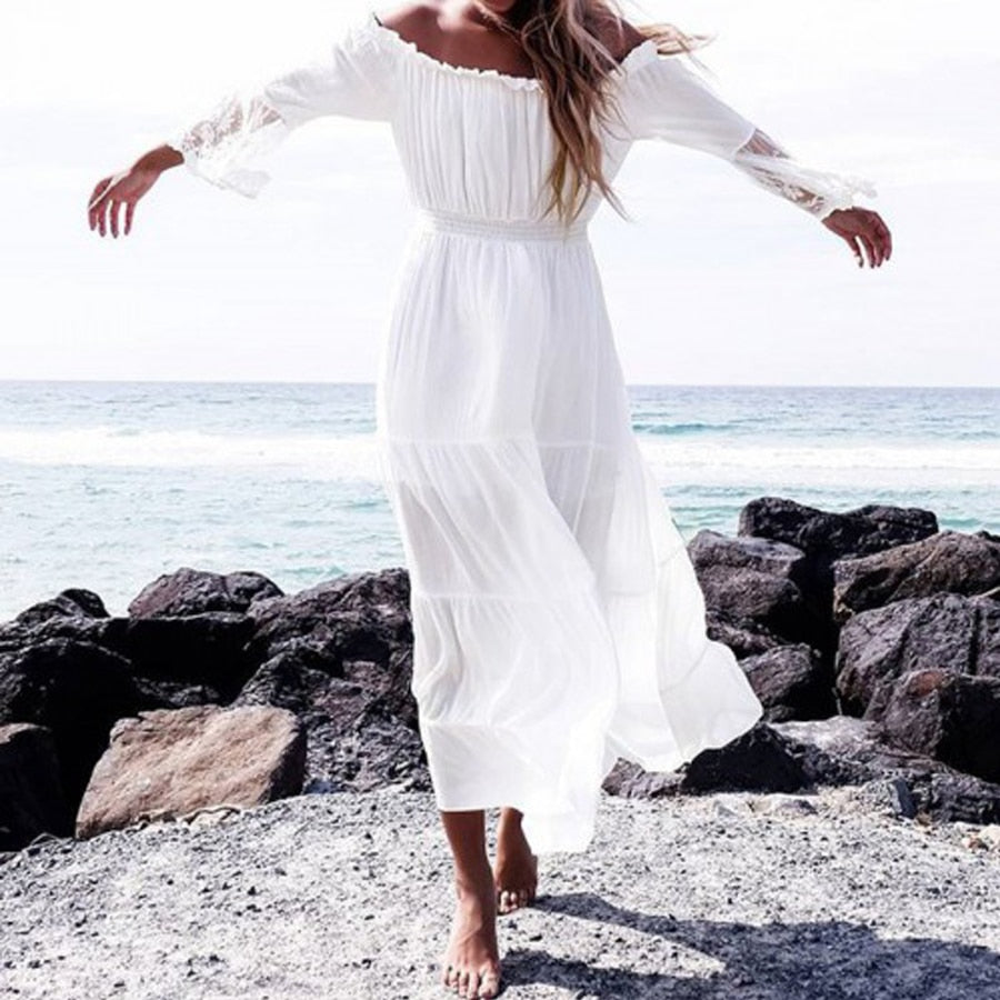 long  boho dress off the shoulder beach sundress Flare long sleeve