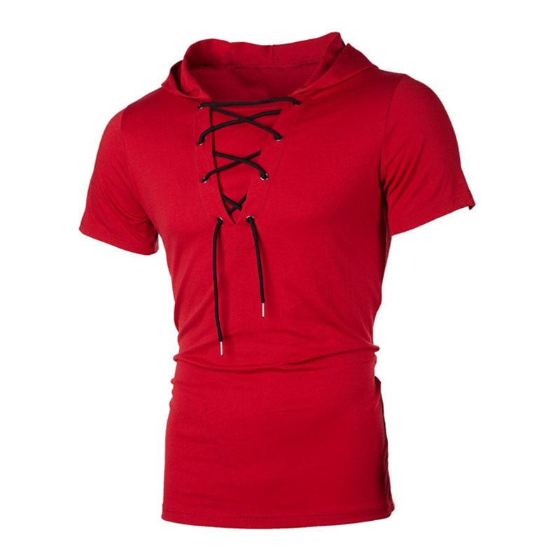 Men T Shirt Hooded Tees Lacing Short Sleeve T-Shirt Slim Fit Sportwear