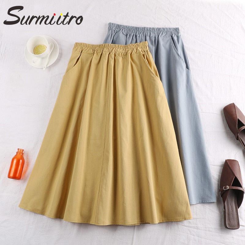 Midi Summer Skirt Women 2021 Fashion Korean Pocket A-line