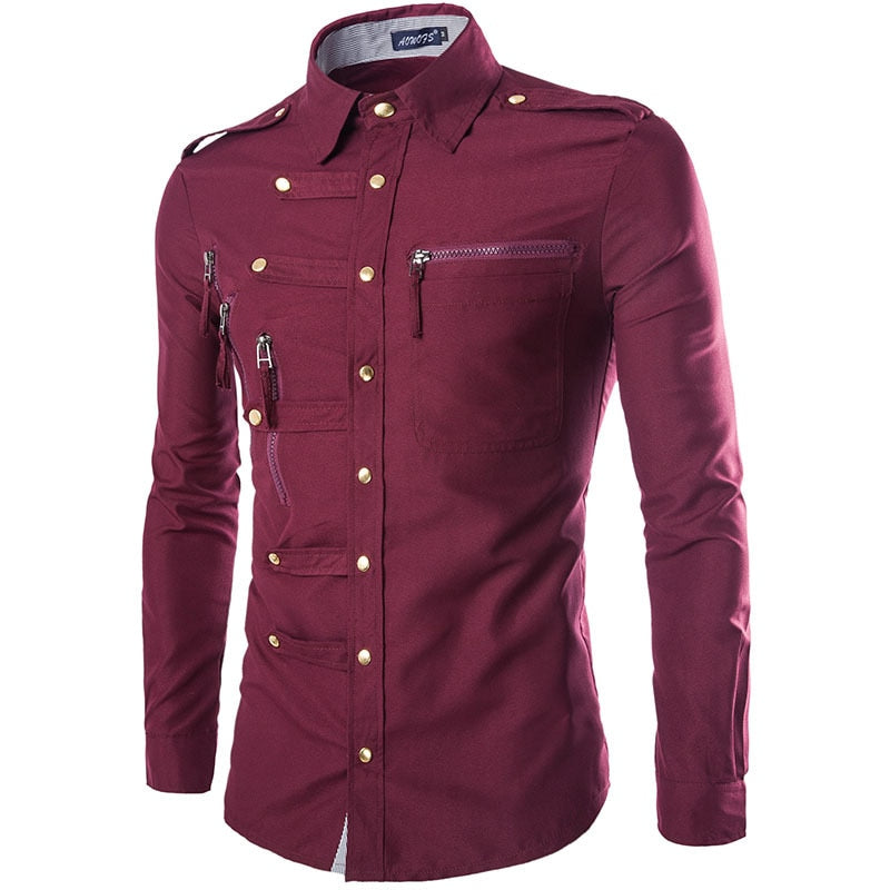 Men Long Sleeve Shirt Casual Slim Fit Fashion Double Pocket Shirt