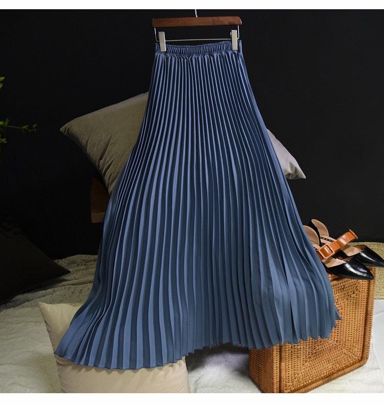 Fashion Pleated Midi Long Skirt Koran Casual High Waist Skirts