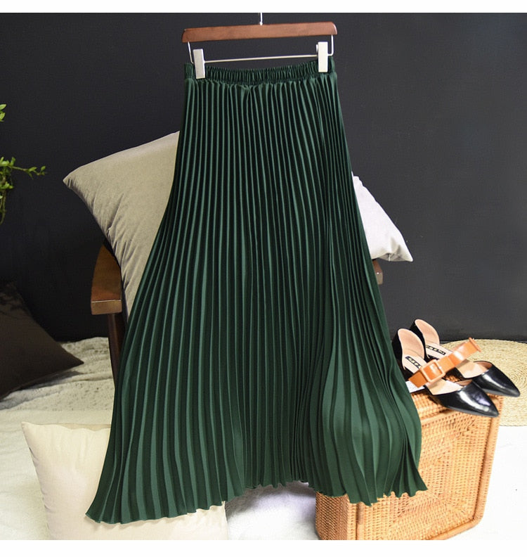 Fashion Pleated Midi Long Skirt Koran Casual High Waist Skirts