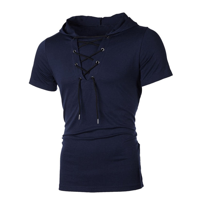 Men T Shirt Hooded Tees Lacing Short Sleeve T-Shirt Slim Fit Sportwear