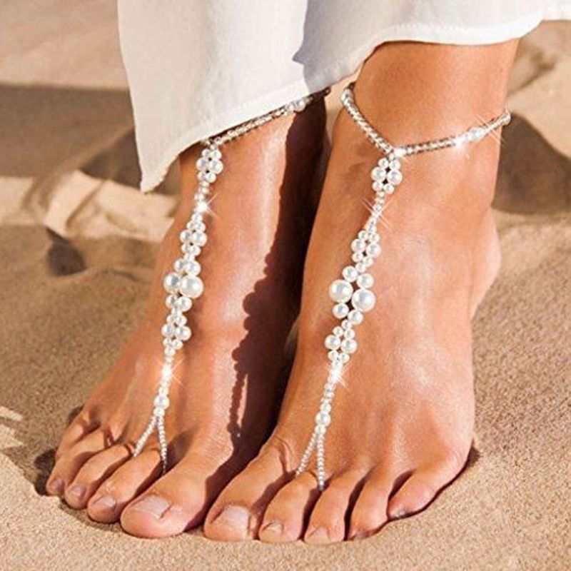 2Pcs Pearl Ankle Chain Beach Wedding Foot Jewelry Barefoot Sandal Anklet Chain