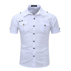 Shirt Men Casual Shirt Solid Short Sleeve Shirts Multi Pocket Work Shirt
