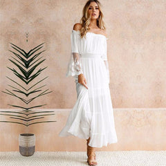 long  boho dress off the shoulder beach sundress Flare long sleeve