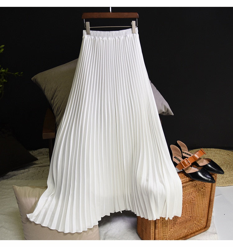 Fashion Pleated Midi Long Skirt Koran Casual High Waist Skirts