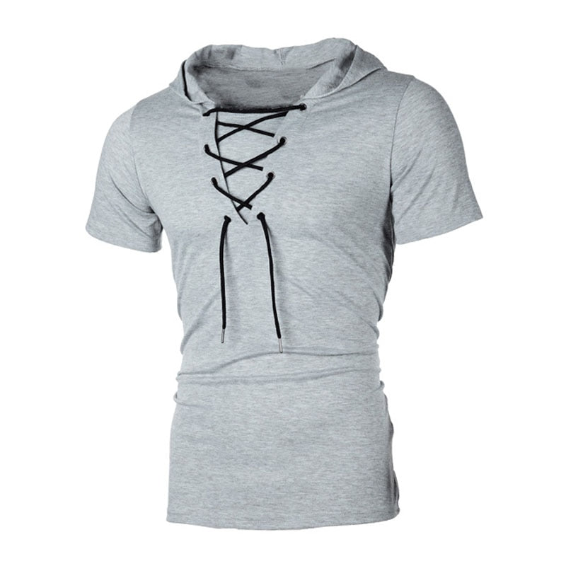 Men T Shirt Hooded Tees Lacing Short Sleeve T-Shirt Slim Fit Sportwear