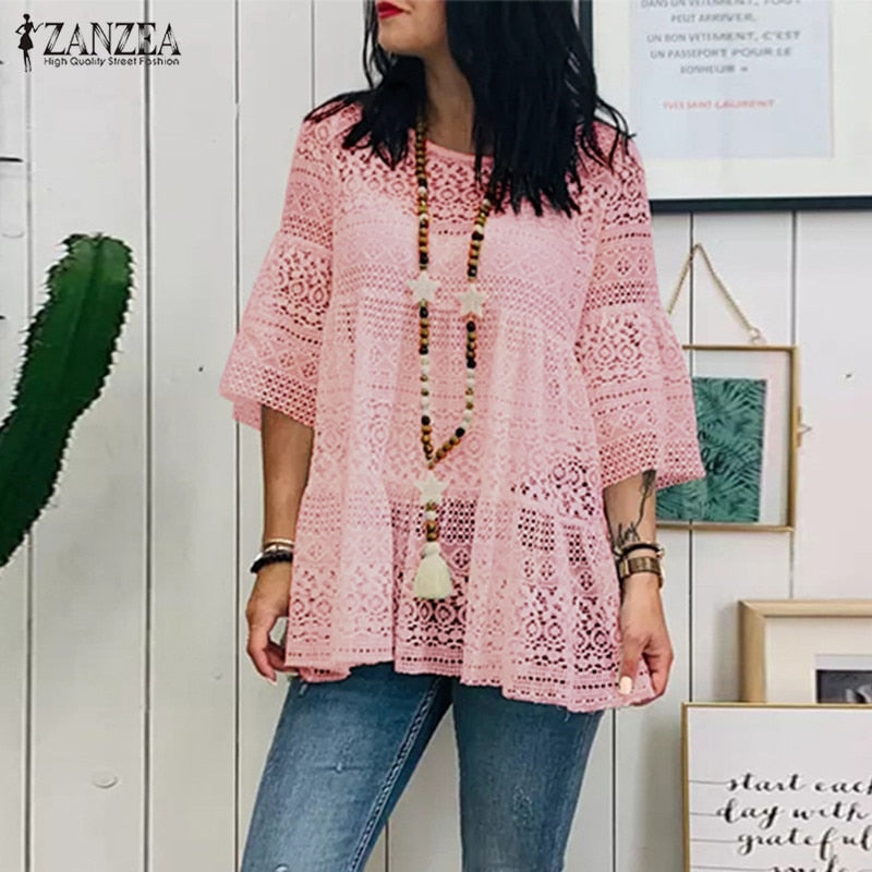 Lace Crochet Blouse Flare Sleeve Hollow Out Shirts