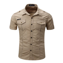 Shirt Men Casual Shirt Solid Short Sleeve Shirts Multi Pocket Work Shirt