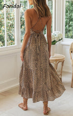 Women Clothing Sleeveless Leopard Maxi Boho Beach Dress