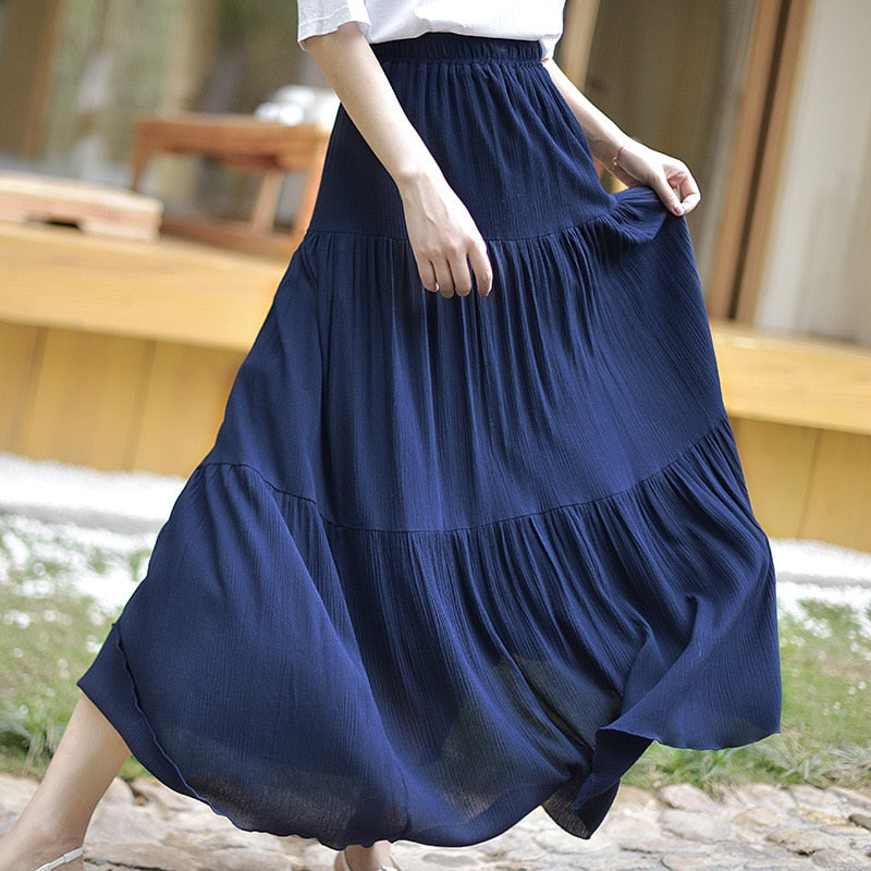 White Long Skirt High Waist Stretch Cotton And Linen Skirts