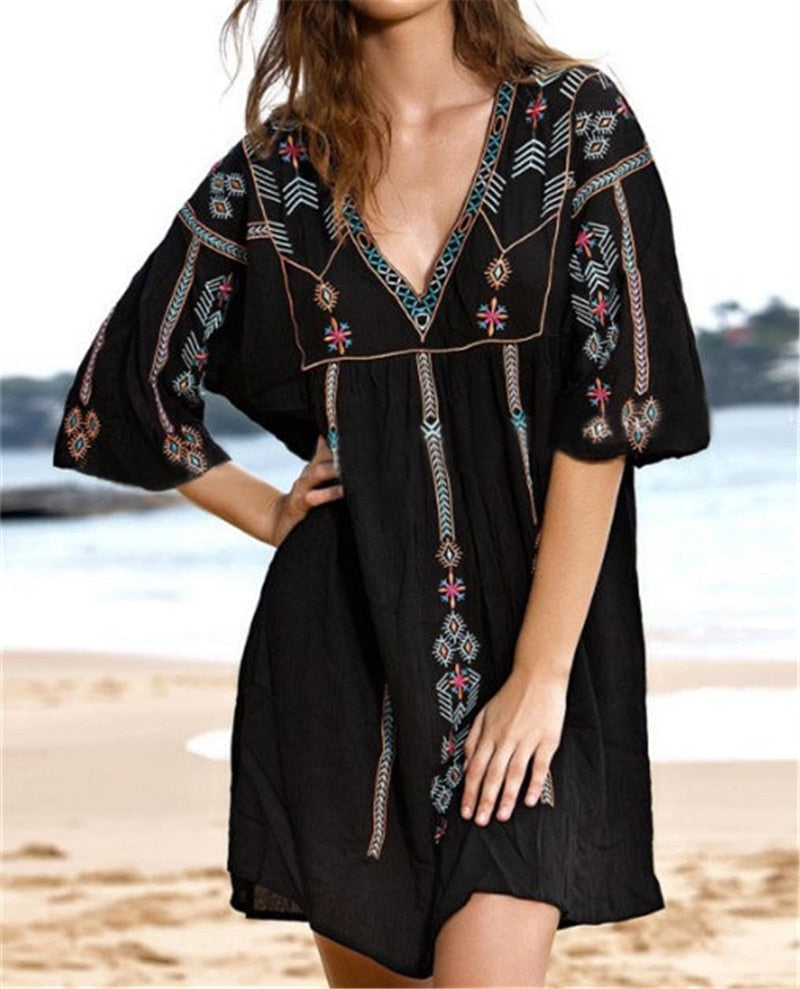 Embroidery Bikini Cover Up Tassel Swimsuit Beach Dress