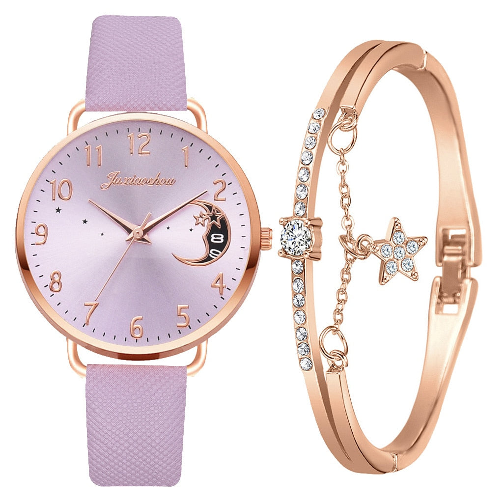 Women Watch Moon Numbers Dial Bracelet Watches Set Ladies