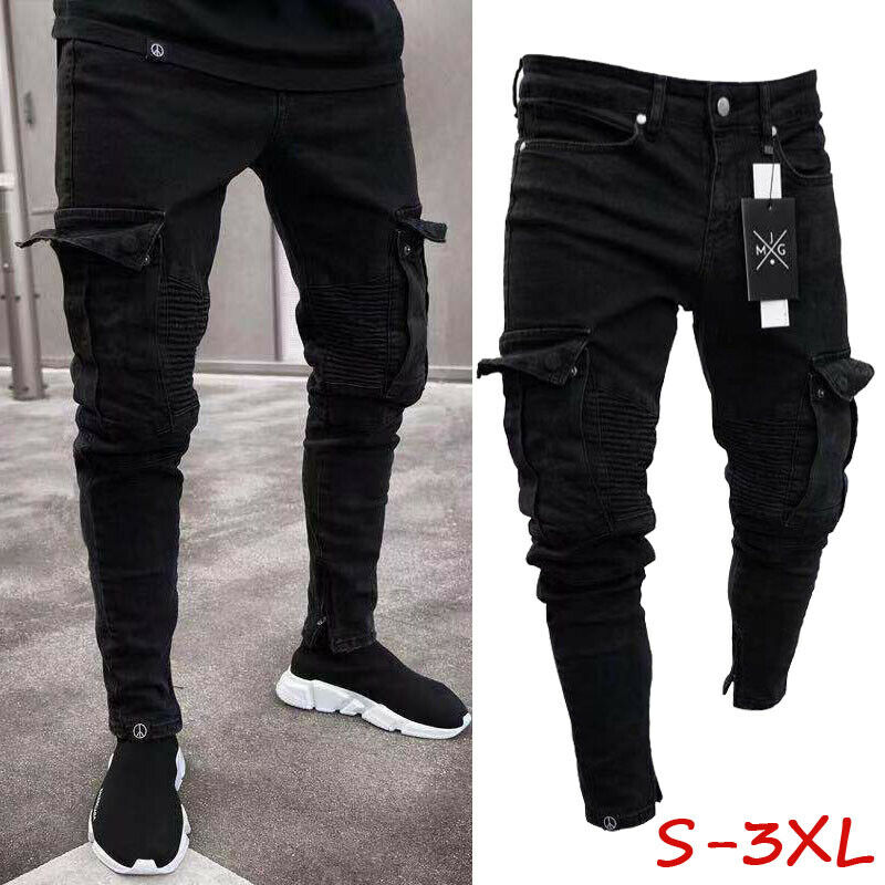 Mens Slim Fit Urban Straight Leg Trousers Denim Casual Pencil Jogger Pants