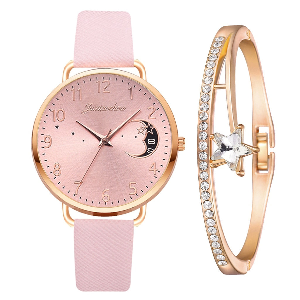 Women Watch Moon Numbers Dial Bracelet Watches Set Ladies