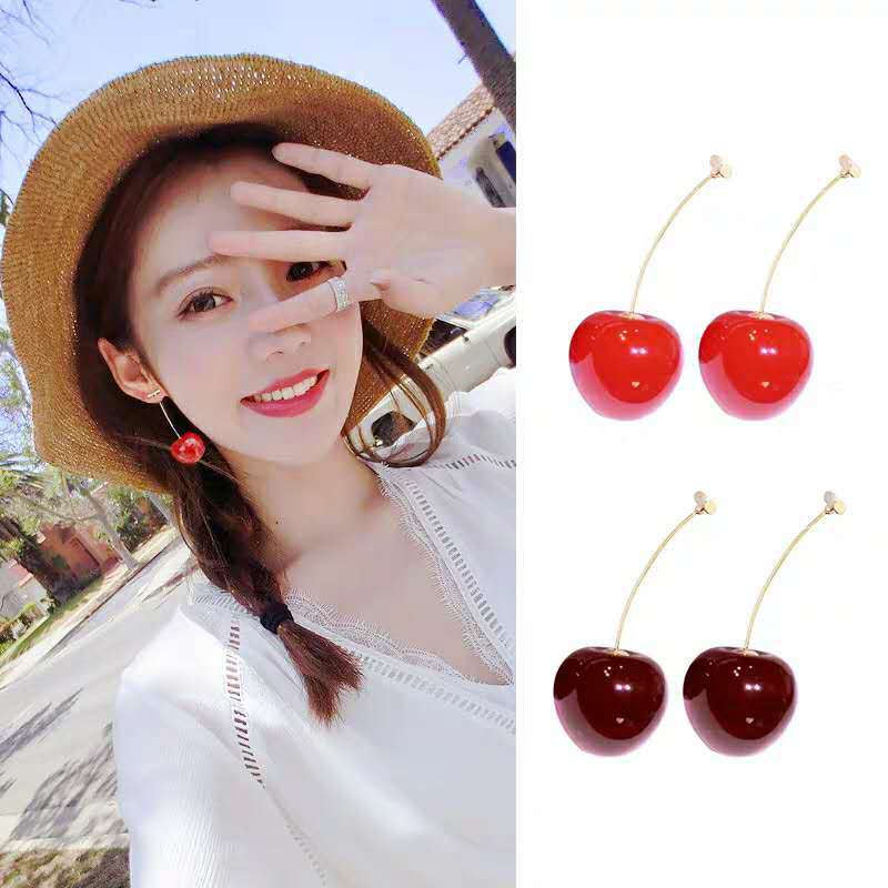 Style Sweet Gold Color Fresh Fruit Red Cherry Drop Earrings