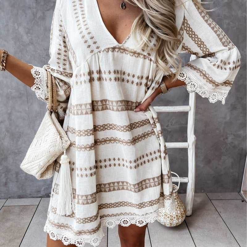 Women Striped Print Long Sleeve Beach Loose Bohemian Mini Dress