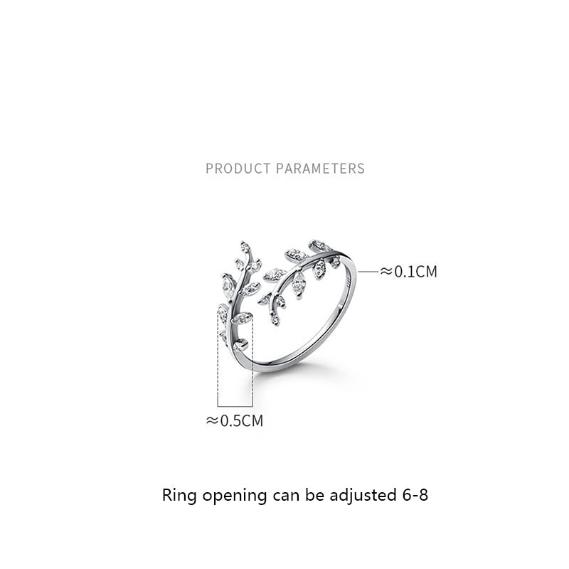 Sweet Romantic Zircon Open Branch Small Leaf Adjustable Ring