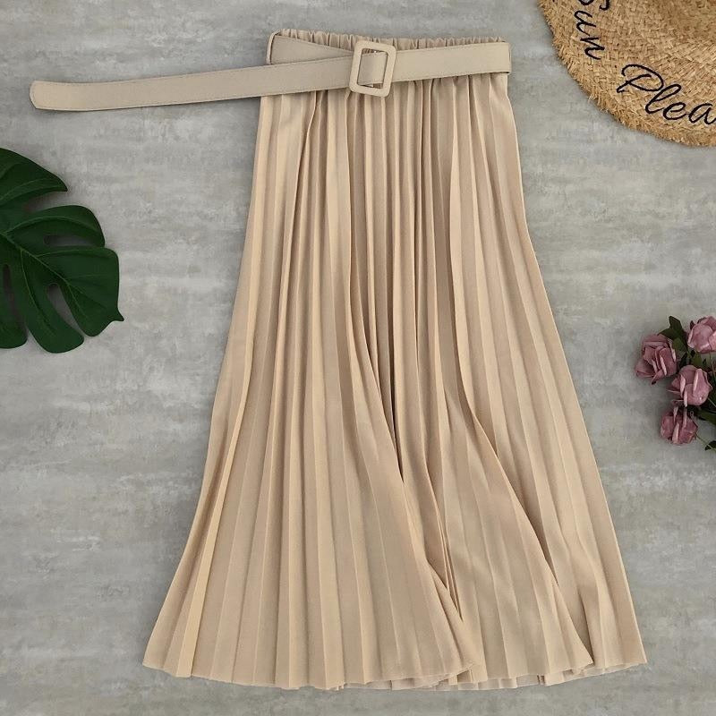 High Waist Women Skirt Casual Vintage Solid Belted Pleated Midi Skirts