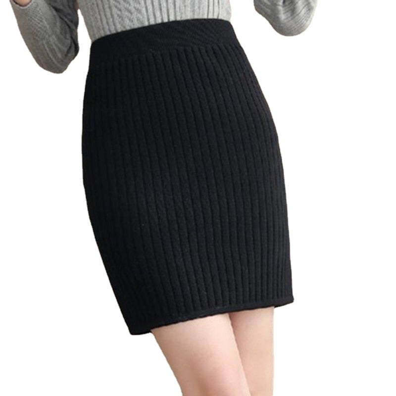 Knit Pencil Skirt Women High Waist Elastic Skirts