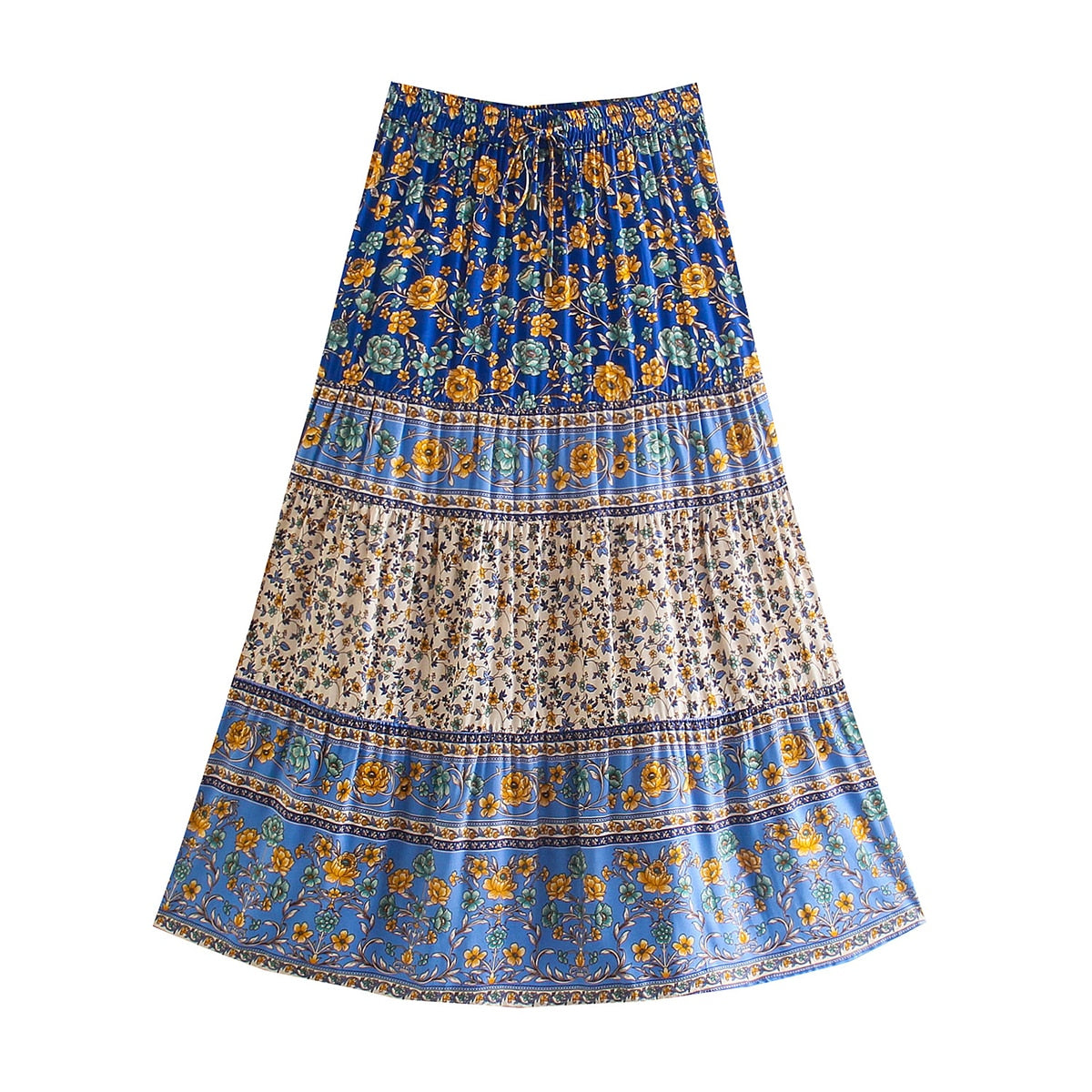 Bohemian Floral Print Skirts Elastic Waist Ruffle Midi Skirt Vintage