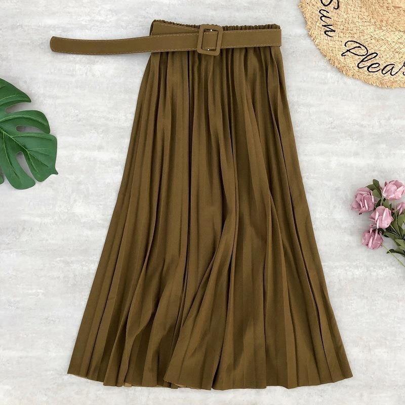 High Waist Women Skirt Casual Vintage Solid Belted Pleated Midi Skirts