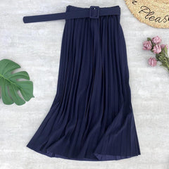 High Waist Women Skirt Casual Vintage Solid Belted Pleated Midi Skirts