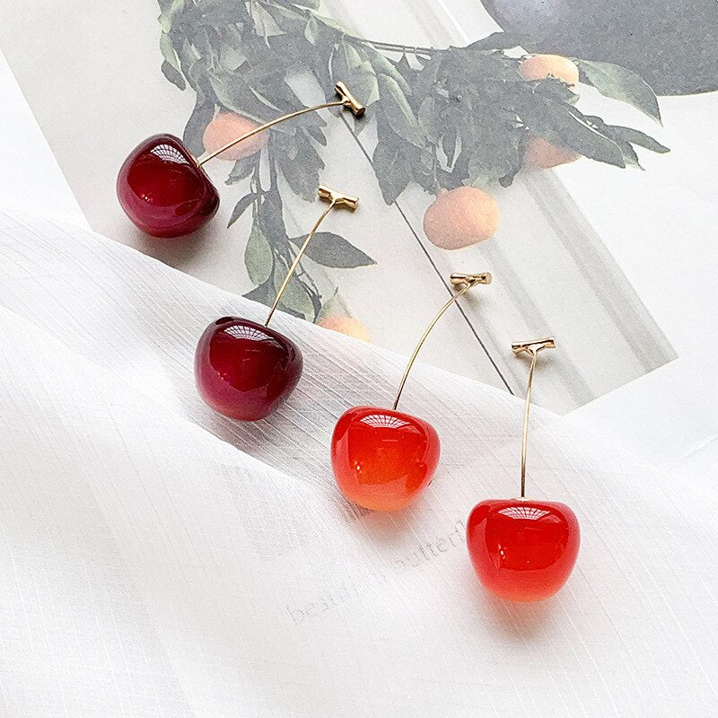 Style Sweet Gold Color Fresh Fruit Red Cherry Drop Earrings