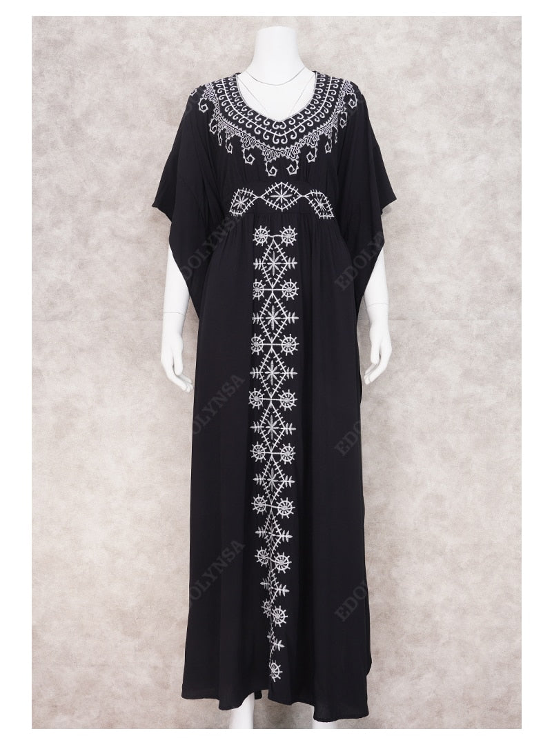 Black Vintage Embroidered Maxi Dress Elegant Long Kaftan