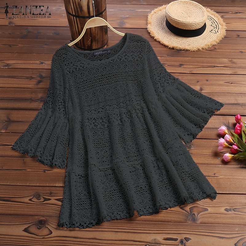 Lace Crochet Blouse Flare Sleeve Hollow Out Shirts