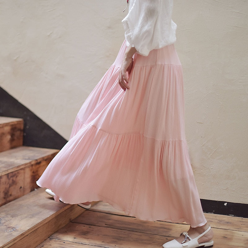 White Long Skirt High Waist Stretch Cotton And Linen Skirts