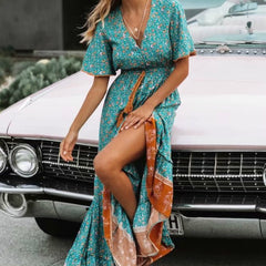 Fashion Floral Print V-neck  Rayon Cotton Bohemian Dresses