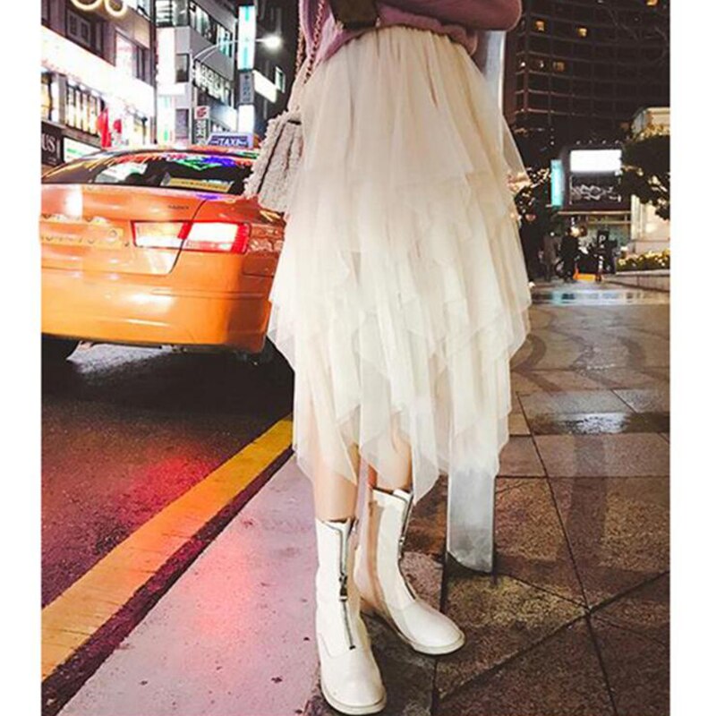 Tulle Skirts Womens Irregular Fashion Elastic High Waist Mesh Tutu Skirt