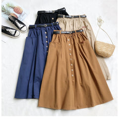 Casual Cotton Midi Long Skirt Women  Button Pocket Belt A Line