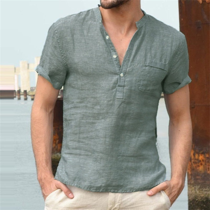 Men T-shirt V-neck single breasted design Casual Linen Breathable Shirt