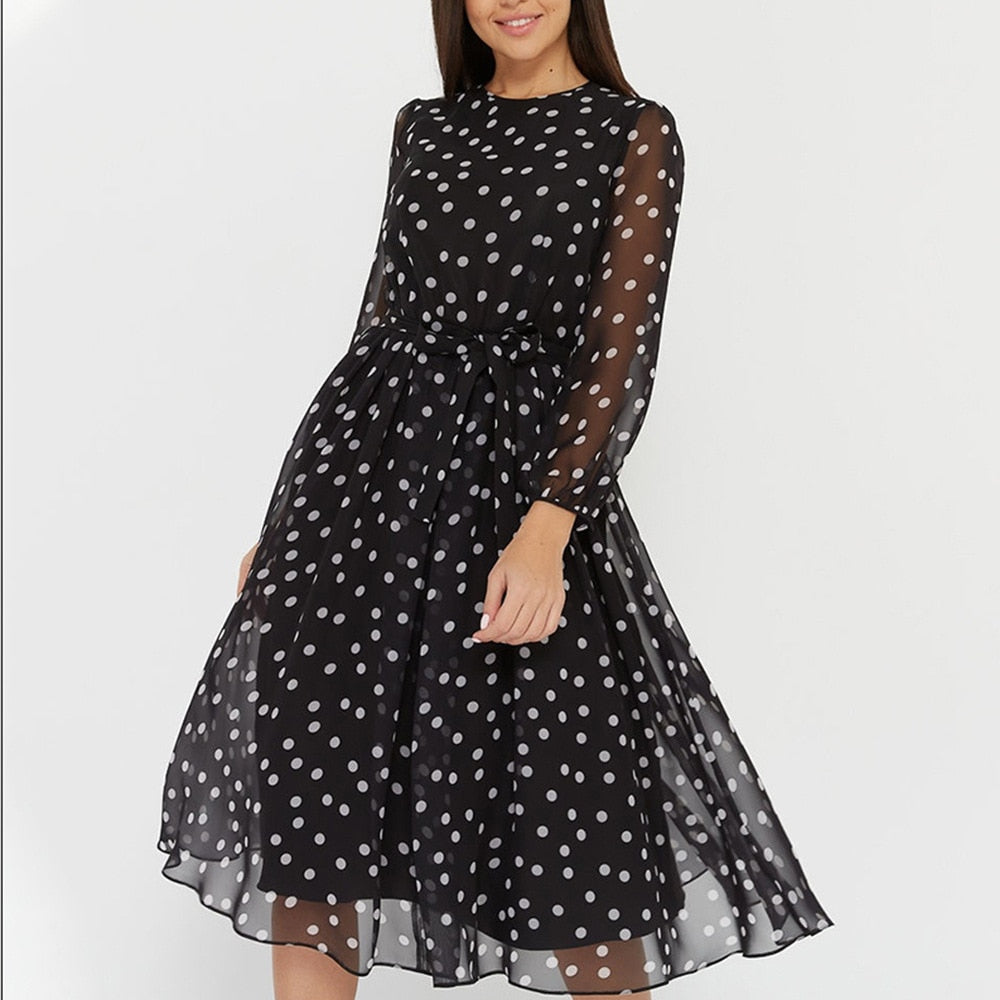 Elegant Dot Print Long Sleeve Women Dresses