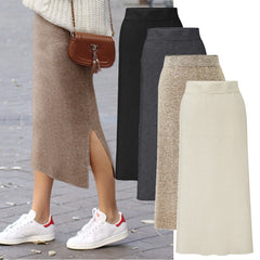 FashionKnitted Women Skirts Large Size Elastic Waist Split A-line Skirts