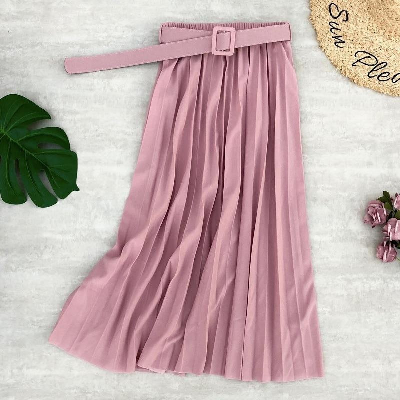 High Waist Women Skirt Casual Vintage Solid Belted Pleated Midi Skirts