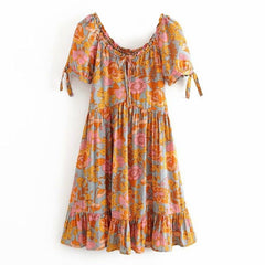 beach boho orange foral print mini dresses women short puff sleeve