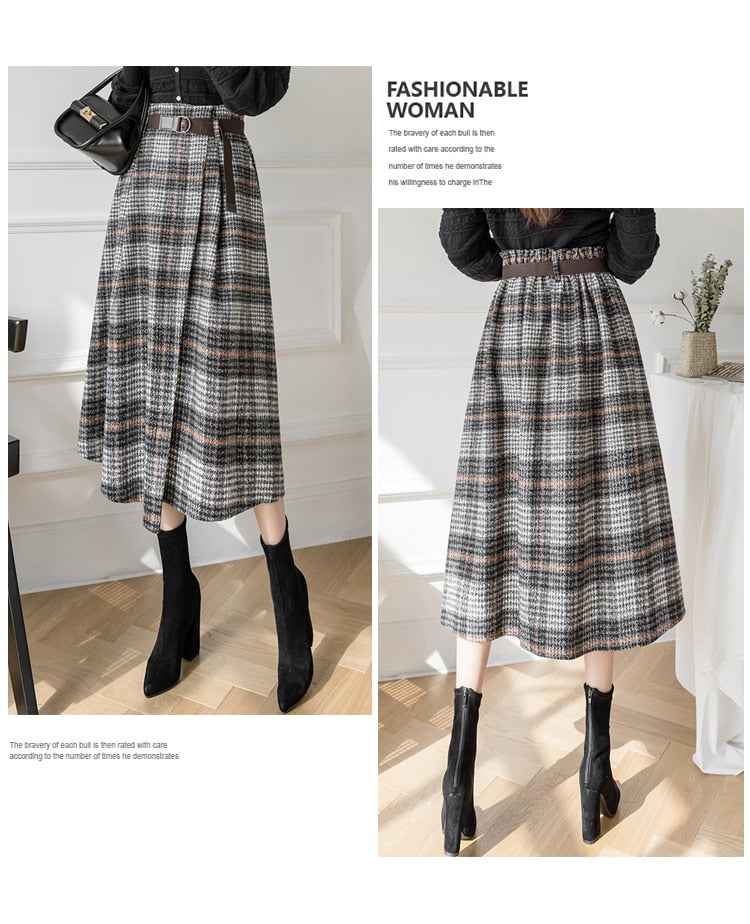 Warm Midi Long Skirt Women Style Irregular Plaid Mid-Length High Waist Skirt