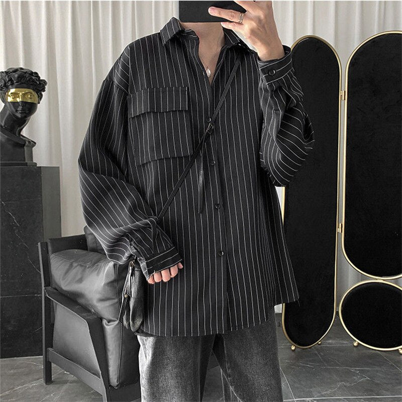 Striped Shirt Jacket Men Casual Gothic Long-Sleeved Shirt Tops