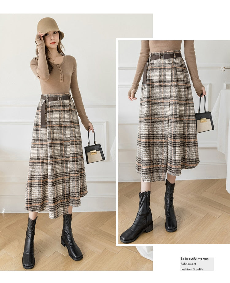 Warm Midi Long Skirt Women Style Irregular Plaid Mid-Length High Waist Skirt