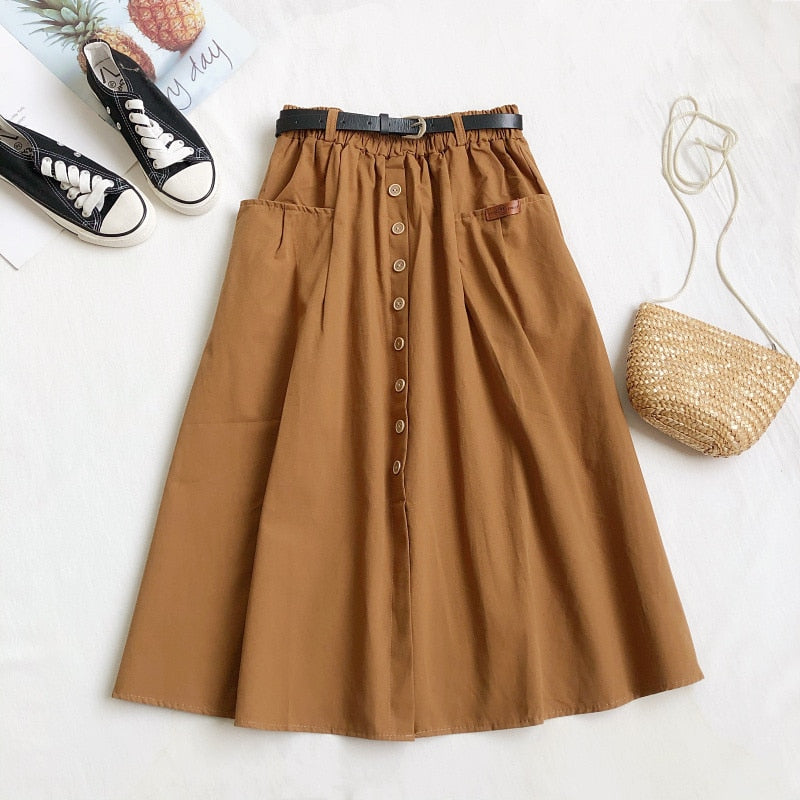 Casual Cotton Midi Long Skirt Women  Button Pocket Belt A Line