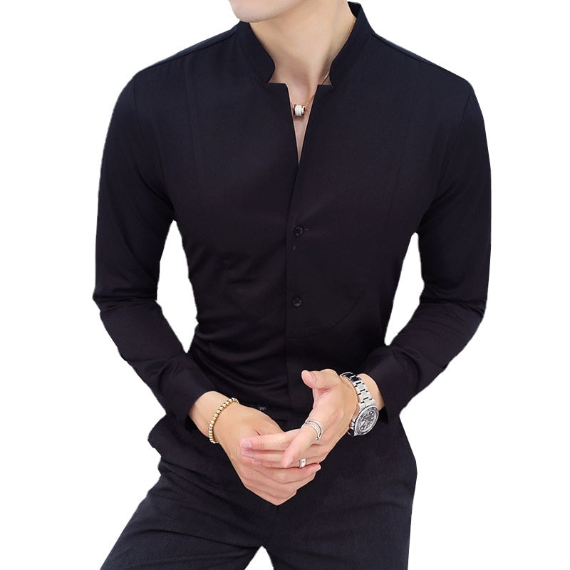 Men Business Shirts Stand Collar Long Sleeve Tops Dresses