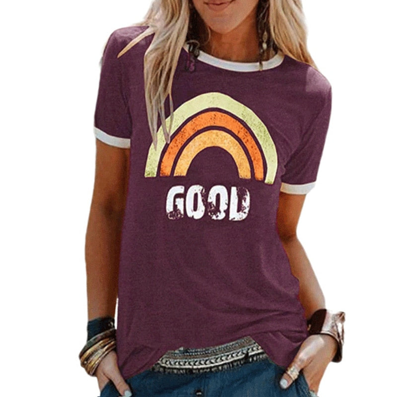 Rainbow Print Short Sleeve O-neck T-shirt   Cotton Tee Shirt