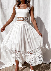 Fashion Lace  Cotton Sleeveless White Hollow Out Boho Maxi Sundress