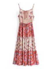 Floral Print Spaghetti Strap Lacing up Waist Sling Midi Long Dresses